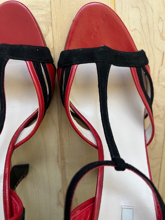Miu Miu Red and Black T‑Strap with Crystal Encrusted Heels